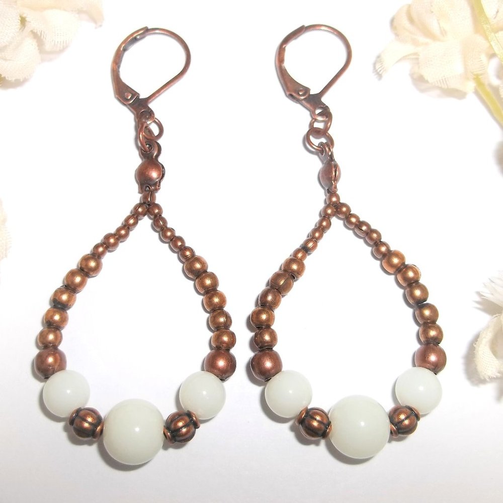 Hoop Earrings Beaded Dangle and Drop Teardrop Jewelry Gift Copper and White 7023